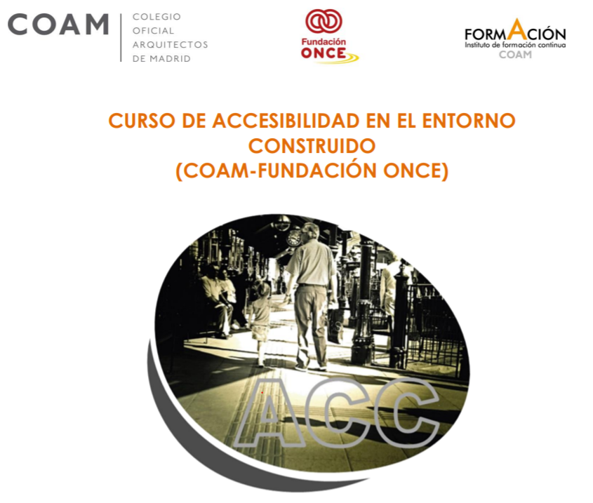 Cartel del curso con los logos del COAM, Fundación ONCE y el Instituto de formación continua del COAM
