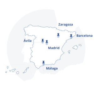Mapa del territorio español con las ciudades evaluadas: Ávila, Zaragoza, Barcelona, Madrid, Málaga