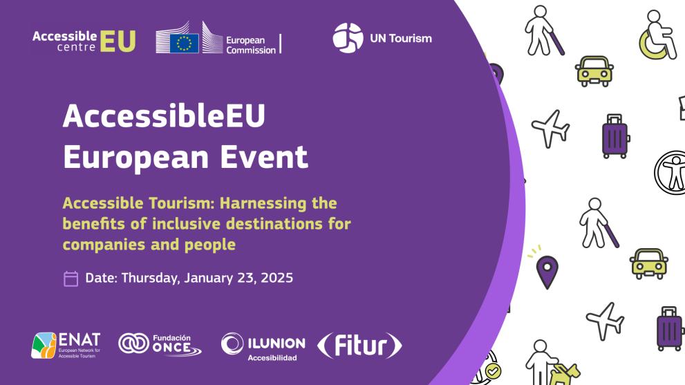 Banner del evento con texto en inglés: AccessibleEU European Event. Accessible tourism: Harnessing the benefits of inclusive destinations for companies and people. Date: Thursday, January 23, 2025.