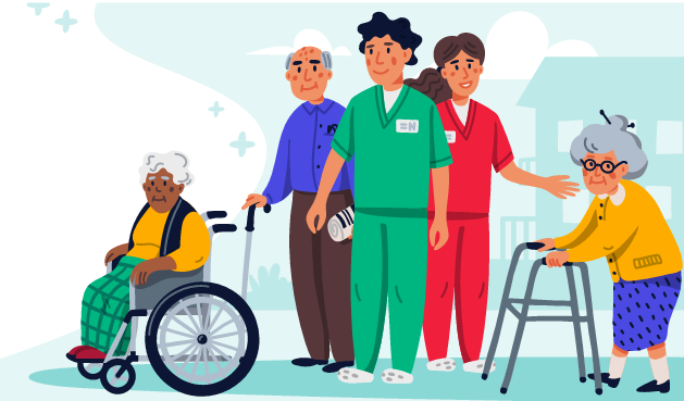 Dibujo de personas mayores junto con personal sociosanitario