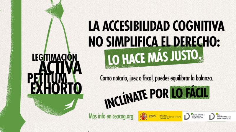 Banner del proyecto Inclínate por lo fácil. Texto: La accesibilidad cognitiva no simplifica el derecho, lo hace más justo. Como notario, juez o fiscal puedes equilibrar la balanza. Más info en ceacog.org